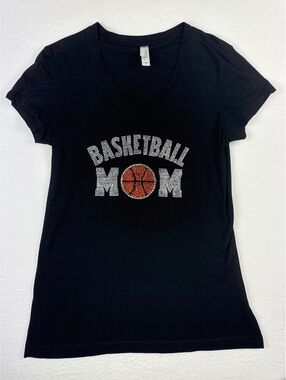 ‘Basketball Mom' Rhinestone V-Neck T-Shirt Medium